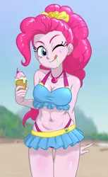 Size: 610x1000 | Tagged: safe, artist:ta-na, derpibooru import, pinkie pie, equestria girls, adorasexy, beach, beach babe, breasts, cleavage, clothes, cute, diapinkes, female, food, geode of sugar bombs, ice cream, ice cream cone, image, licking, licking lips, looking at you, magical geodes, messy eating, microskirt, one eye closed, panties, png, sand, sexy, skirt, solo, swimsuit, thong, tongue out, underwear, wink