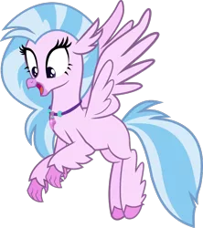 Size: 766x862 | Tagged: artist:crystalmagic6, canon, claws, derpibooru import, flying, full body, happy, hippogriff, jewelry, necklace, safe, silverstream, solo, wings