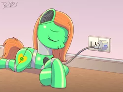 Size: 2499x1874 | Tagged: safe, artist:trackheadtherobopony, derpibooru import, oc, oc:goldheart, pony, robot, robot pony, cute, electrical outlet, ocbetes, plug, recharging, signature, sleeping, socket, solo