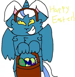 Size: 529x544 | Tagged: safe, artist:lunarlovesarthur, derpibooru import, oc, oc:fleurbelle, alicorn, pony, alicorn oc, basket, bunny ears, easter, easter basket, easter bunny, easter egg, female, holding, holiday, horn, mare, wings