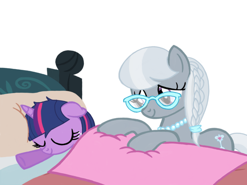 Size: 1024x768 | Tagged: safe, artist:turnaboutart, derpibooru import, silver spoon, twilight sparkle, twilight sparkle (alicorn), alicorn, pony, age progression, age regression, alternate hairstyle, bed, blanket, female, filly, filly twilight sparkle, foal, foalsitter, foalsitting, freckles, glasses, jewelry, mare, necklace, older, older silver spoon, pearl necklace, sleeping, younger