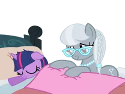 Size: 1024x768 | Tagged: safe, artist:turnaboutart, derpibooru import, silver spoon, twilight sparkle, twilight sparkle (alicorn), alicorn, pony, age progression, age regression, alternate hairstyle, bed, blanket, female, filly, filly twilight sparkle, foal, foalsitter, foalsitting, freckles, glasses, jewelry, mare, necklace, older, older silver spoon, pearl necklace, sleeping, younger