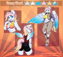 Size: 1334x1200 | Tagged: anthro, anthro oc, artist:hakkids2, belly button, bikini, bikini top, clothes, derpibooru import, markings, midriff, oc, oc:sunny cloud, pegasus, reference sheet, safe, shorts, solo, swimsuit, unguligrade anthro, unofficial characters only