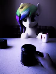 Size: 1920x2560 | Tagged: safe, alternate version, artist:lagmanor, derpibooru import, oc, oc:rainbowtashie, earth pony, human, pony, 3d, blender, blender cycles, cup, female, hand, irl, mare, offscreen character, offscreen human, photo, photoshop, ponies in real life, pov, table, teacup
