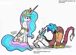 Size: 1024x744 | Tagged: safe, artist:artistnjc, deleted from derpibooru, derpibooru import, discord, princess celestia, alicorn, draconequus, blushing, cute, deviantart watermark, discute, dislestia, embarrassed, female, looking at each other, male, obtrusive watermark, on the floor, shipping, smiling, spread wings, straight, traditional art, watermark, wings