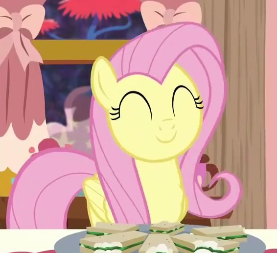 Size: 566x517 | Tagged: safe, derpibooru import, screencap, fluttershy, pony, discordant harmony, cropped, cute, eyes closed, food, sandwich, shyabetes, smiling, solo