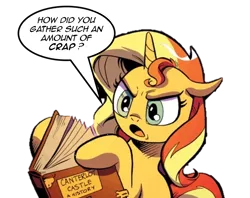 Size: 1406x1112 | Tagged: safe, derpibooru import, edit, idw, sunset shimmer, pony, unicorn, spoiler:comic, angry, official comic, reaction image, simple background, solo, the fall of sunset shimmer, transparent background, vulgar, what the fuck am i reading