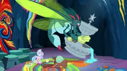 Size: 2100x1178 | Tagged: bucket, carrying, cave, cave of harmony, changeling mega evolution, classical hippogriff, derpibooru import, disguise, disguised changeling, female, flying, fountain, hippogriff, mural, ocellus, paint, paint bucket, safe, screencap, silverstream, stinger, trio, uprooted, water, yak, yona