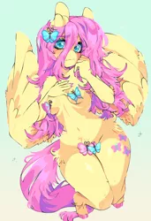 Size: 840x1225 | Tagged: anthro, artist:ashiji, artist:sugaryrainbow, breasts, butterfly, censored, cleavage, derpibooru import, embarrassed, female, fluttershy, mare, pegasus, solo, solo female, strategically covered, suggestive, unguligrade anthro