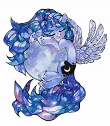 Size: 1080x1227 | Tagged: safe, artist:lispp, artist:share dast, derpibooru import, princess luna, alicorn, pony, colored pencil drawing, female, mare, moon, simple background, sleeping, solo, tangible heavenly object, traditional art, watercolor painting, white background