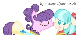 Size: 764x354 | Tagged: safe, artist:vesper-cipher-dark, derpibooru import, coco pommel, suri polomare, earth pony, pony, blushing, clothes, cocopolo, dress, eyes closed, female, kissing, lesbian, mare, scrunchy face, shipping, simple background, surprised, white background