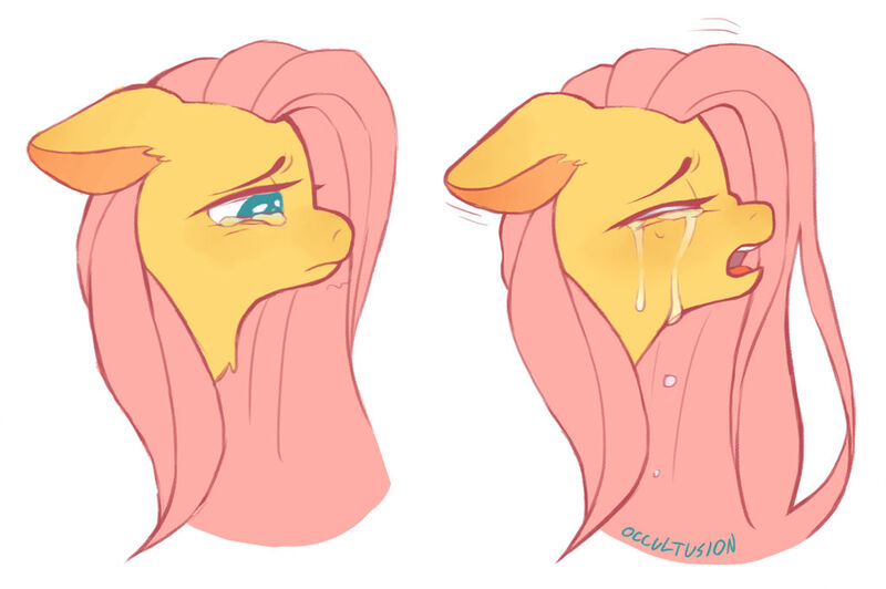 Size: 1024x681 | Tagged: safe, artist:occultusion, derpibooru import, fluttershy, pegasus, pony, bust, crying, eyes closed, female, floppy ears, looking down, mare, open mouth, profile, sad, simple background, solo, teary eyes, white background