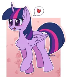 Size: 1098x1260 | Tagged: safe, artist:puetsua, derpibooru import, twilight sparkle, twilight sparkle (alicorn), alicorn, pony, cheek fluff, chest fluff, cute, ear fluff, female, happy, heart, mare, open mouth, pictogram, solo, speech bubble, twiabetes