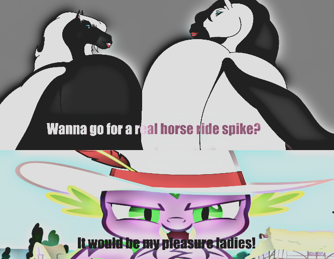 Size: 665x516 | Tagged: artist:bigboy4025, comic, derpibooru import, edit, edited screencap, editor:undeadponysoldier, female, horse, implied group sex, implied sex, implied threesome, lighting, male, oc, oc:jewel, oc:luna, screencap, screencap comic, secret of my excess, spike, spike gets all the horses, spike gets all the mares, straight, suggestive, the ass was fat, wrong aspect ratio