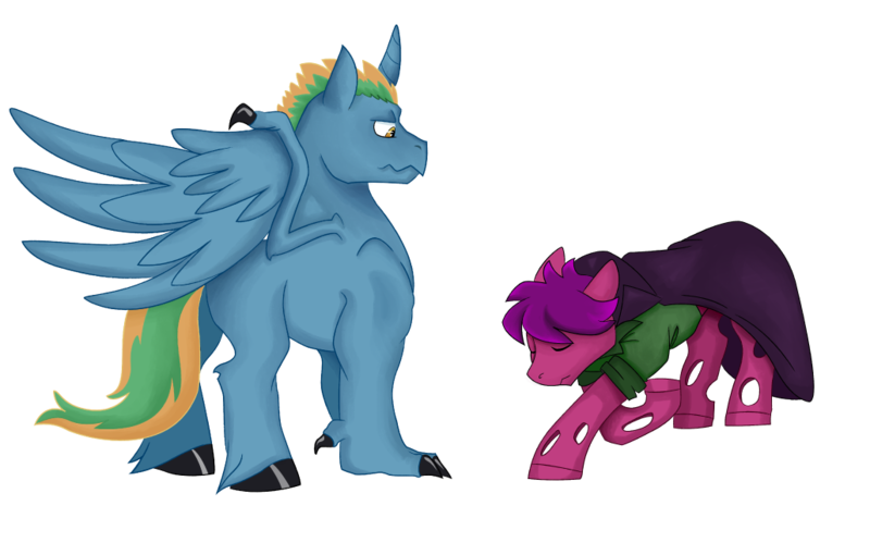 Size: 1030x657 | Tagged: safe, artist:dbkit, derpibooru import, oc, oc:kirouac, oc:loyaldark, oc:shifting surprise, changeling, hybrid, pony, bowing, cape, changeling oc, clothes, commission, halfling, kneeling, niclove