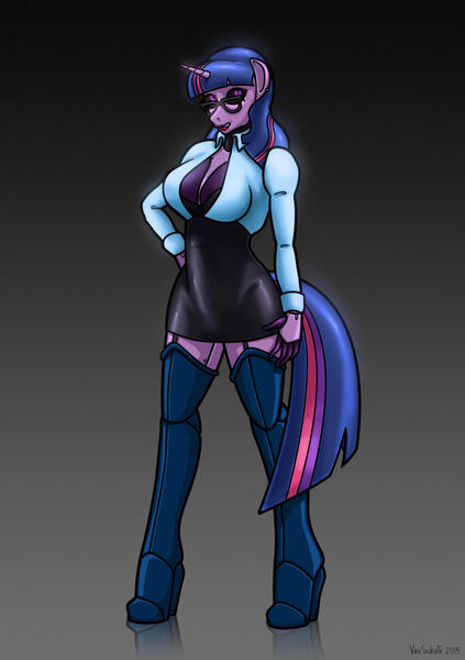 Size: 1024x1453 | Tagged: suggestive, artist:vanschalk, derpibooru import, twilight sparkle, anthro, robot, unicorn, black sclera, blouse, bodysuit, boots, breasts, busty twilight sparkle, clothes, female, garters, glasses, gradient background, gray background, gynoid, hand on hip, high heel boots, lipstick, looking at you, no more ponies at source, patreon, patreon reward, reflecting floor, shoes, short dress, simple background, solo, solo female, standing, thigh boots, twibot