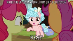 Size: 1280x720 | Tagged: suggestive, derpibooru import, edit, edited screencap, screencap, apple bloom, cozy glow, scootaloo, earth pony, pegasus, pony, marks for effort, caption, dialogue, female, filly, image macro, implied diaper, implied diaper fetish, implied sleepover, raised hoof, text