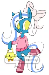 Size: 701x1066 | Tagged: safe, artist:changchongchen, derpibooru import, oc, oc:fleurbelle, unofficial characters only, alicorn, pony, alicorn oc, basket, bow, clothes, easter basket, female, hair bow, happy, horn, jumper, legs, legs in air, mare, pink jumper, pink sneakers, ribbon, shoes, sneakers, tongue out, wings, yellow eyes