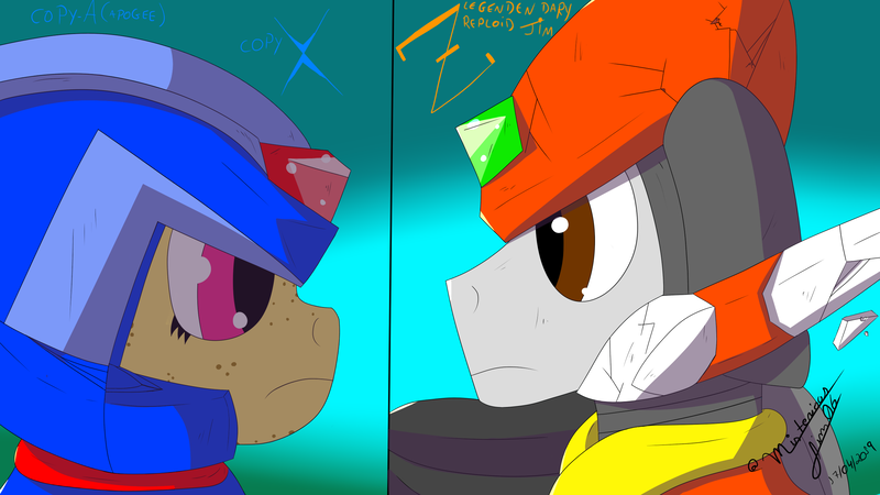 Size: 2560x1440 | Tagged: safe, artist:jimmy draws, derpibooru import, oc, oc:apogee, oc:misterious jim, unofficial characters only, pony, capcom, megaman x, megaman zero