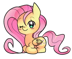 Size: 984x803 | Tagged: safe, artist:pekou, derpibooru import, fluttershy, pegasus, pony, blushing, chibi, cute, female, mare, one eye closed, ponyloaf, prone, shyabetes, simple background, solo, transparent background, wink