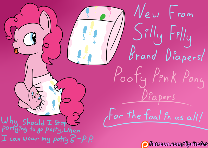 Size: 1400x1000 | Tagged: questionable, artist:spritepony, derpibooru import, pinkie pie, earth pony, pony, advertisement, clothes, cutie mark diapers, diaper, diaper fetish, fetish, looking at you, patreon, patreon link, patreon logo, poofy diaper, rear view, sitting, solo, text