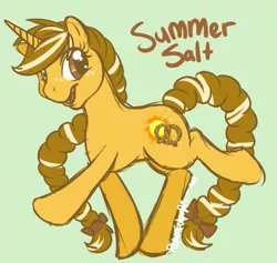 Size: 569x540 | Tagged: safe, artist:ryunwoofie, derpibooru import, oc, oc:summer salt, pony, unicorn, braid, braided tail, female, freckles, mare, raised leg, reference, simple background, solo