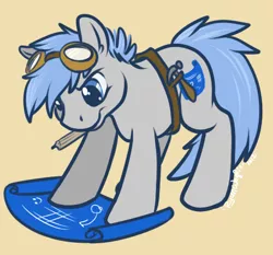 Size: 488x455 | Tagged: safe, artist:ryunwoofie, derpibooru import, oc, oc:blueprints, earth pony, pony, blueprint, goggles, hammer, male, mouth hold, pencil, simple background, solo, stallion, toolbelt, tools