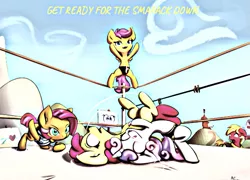 Size: 659x474 | Tagged: safe, artist:alasou, deleted from derpibooru, derpibooru import, edit, editor:undeadponysoldier, apple bloom, babs seed, big macintosh, scootaloo, sweetie belle, pony, cutie mark crusaders, german suplex, smackdown, song reference, sports, sports panties, thousand foot krutch, wrestling