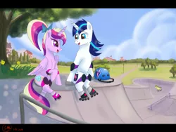Size: 1867x1401 | Tagged: safe, artist:greenbrothersart, derpibooru import, princess cadance, shining armor, alicorn, pony, unicorn, background pony, cute, date, elbow pads, female, helmet, knee pads, looking at each other, male, roller skates, rollerblades, shiningcadance, shipping, sitting, skate park, straight, teen princess cadance, teen shining armor
