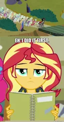 Size: 600x1139 | Tagged: safe, derpibooru import, edit, edited screencap, screencap, king sombra, sunset shimmer, equestria girls, equestria girls series, the beginning of the end, the finals countdown, caption, image macro, sunset shimmer is not amused, text, unamused