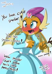 Size: 2480x3508 | Tagged: artist:jeglegator, blushing, clothes, cup, cute, derpibooru import, dialogue, dragon, dragoness, dress, embarrassed, female, i'm not cute, implied student six, jewelry, offscreen character, open mouth, princess smolder, safe, smolder, smolderbetes, smoldere, solo, teacup, tiara, tsundere, uprooted