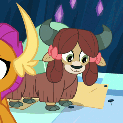 Size: 1019x1019 | Tagged: animated, bow, circling stars, cloven hooves, cute, derpibooru import, dizzy, dragon, dragoness, female, gif, hair bow, knocked silly, monkey swings, safe, screencap, smolder, solo focus, uprooted, yak, yona, yonadorable