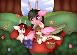 Size: 3000x2126 | Tagged: safe, artist:adostume, derpibooru import, oc, oc:adostume, oc:heinrich hirsch, oc:ida hirsch, butterfly, pegasus, pony, unicorn, basket, broken horn, bunny ears, bush, colored wings, colt, cute, easter, easter basket, easter egg, egg, female, filly, green eyes, heterochromia, high res, holiday, horn, male, mare, mother, mother and child, mother and son, present, teddy bear, tongue out, wings