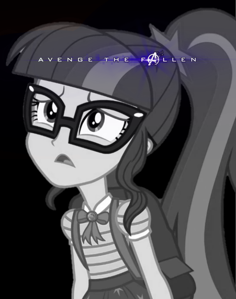 Size: 680x859 | Tagged: safe, derpibooru import, edit, editor:biggernate91, sci-twi, twilight sparkle, equestria girls, equestria girls series, avenge the fallen, avengers: endgame, geode of telekinesis, implied death, magical geodes, poster