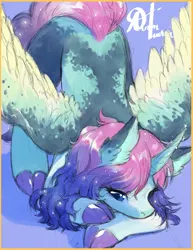 Size: 1280x1656 | Tagged: safe, artist:alts-art, derpibooru import, oc, oc:nebula, unofficial characters only, alicorn, pony, alicorn oc, blank flank, body freckles, body markings, cloven hooves, coat markings, colored hooves, colored sketch, colored wings, curved horn, ear fluff, ethereal mane, face down ass up, female, freckles, hoof polish, horn, magic, mare, messy mane, messy tail, purple background, signature, simple background, solo, spread wings, starry mane, traditional art, watercolor painting, wing fluff, wing freckles, wings