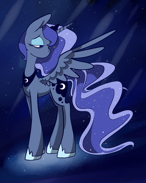 Size: 2000x2500 | Tagged: safe, alternate version, artist:katyusha, derpibooru import, princess luna, alicorn, pony, ethereal mane, female, hoof shoes, jewelry, light shading, looking back, mare, night, regalia, spread wings, starry mane, stars, wings