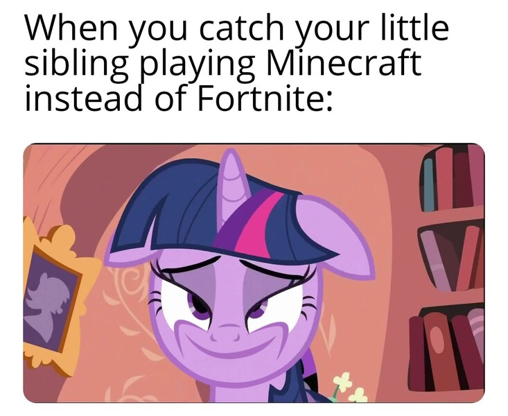 Size: 1056x864 | Tagged: safe, derpibooru import, edit, edited screencap, editor:apex soundwave, screencap, pony, caption, faic, floppy ears, fortnite, golden oaks library, image macro, meme, minecraft, smug, solo, text