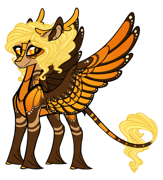 Size: 1500x1650 | Tagged: safe, artist:australian-senior, derpibooru import, oc, oc:delly invictus, unofficial characters only, alicorn, kirin, pegasus, winged kirin, kirindos, alternate universe, antlers, colored hooves, colored sclera, hoof fluff, image, leonine tail, long feather, orange eyes, png, solo, unshorn fetlocks