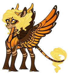 Size: 1500x1650 | Tagged: safe, artist:australian-senior, derpibooru import, oc, oc:delly invictus, unofficial characters only, alicorn, kirin, pegasus, winged kirin, kirindos, alternate universe, antlers, colored hooves, colored sclera, hoof fluff, image, leonine tail, long feather, orange eyes, png, solo, unshorn fetlocks