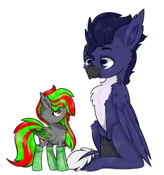 Size: 1024x1092 | Tagged: safe, artist:ezzerie, deleted from derpibooru, derpibooru import, oc, oc:azure, oc:willow, bat pony, gryphon, clothes, colored, commission, digital, duo, fluffy, shading, size difference, socks