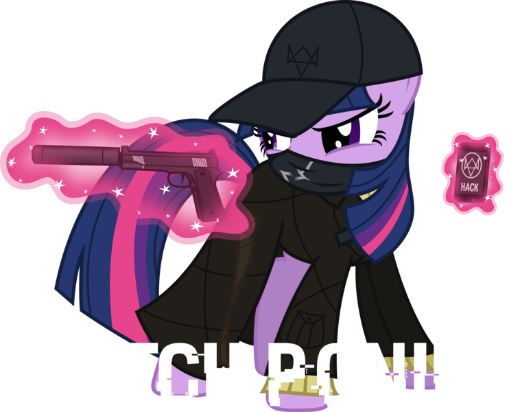 Size: 9000x7275 | Tagged: safe, artist:korsoo, derpibooru import, twilight sparkle, pony, bandana, clothes, costume, crossover, female, gun, handgun, hat, levitation, m1911, magic, mare, mobile phone, phone, pistol, silencer, simple background, solo, suppressor, telekinesis, transparent background, watch dogs, weapon