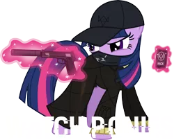 Size: 9000x7275 | Tagged: safe, artist:korsoo, derpibooru import, twilight sparkle, pony, bandana, clothes, costume, crossover, female, gun, handgun, hat, levitation, m1911, magic, mare, mobile phone, phone, pistol, silencer, simple background, solo, suppressor, telekinesis, transparent background, watch dogs, weapon