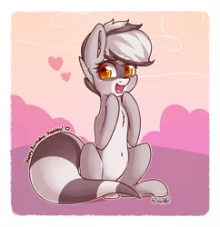 Size: 1936x2000 | Tagged: safe, artist:dsp2003, derpibooru import, oc, oc:bandy cyoot, unofficial characters only, earth pony, hybrid, pony, raccoon, raccoon pony, abstract background, birthday gift art, blushing, cute, cute little fangs, fangs, female, heart, mare, open mouth, pale belly, signature, sitting