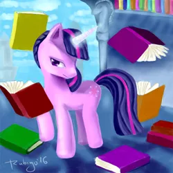 Size: 900x900 | Tagged: safe, artist:rubigo, derpibooru import, twilight sparkle, pony, unicorn, friendship is magic, book, canterlot, female, glowing horn, horn, library, lidded eyes, magic, mare, solo, telekinesis, twilight's canterlot home, unicorn twilight