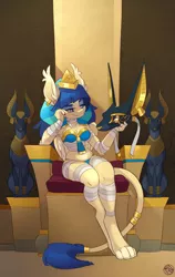 Size: 1353x2144 | Tagged: anthro, anthro oc, anubis, armpits, artist:kez, bandage, breasts, cat paws, ceremonial makeup, clothes, derpibooru import, digitigrade anthro, egypt, egyptian, egyptian pony, eye of horus, feather, female, gold, hat, hybrid, jewelry, leonine tail, mask, midriff, mummification, mummy, nemes headdress, oc, oc:shesta, piercing, ring, safe, sphinx, sphinx oc, throne, throne slouch, underwear, unofficial characters only, wings, wrapping