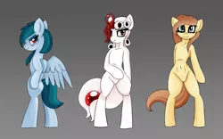 Size: 1680x1050 | Tagged: suggestive, artist:queen-razlad, derpibooru import, oc, oc:cream heart, oc:delta vee, oc:razlad, unofficial characters only, earth pony, pegasus, pony, semi-anthro, bipedal, devil, female, helix horn, milf, simple background, standing upright, thighs, trio, trio female