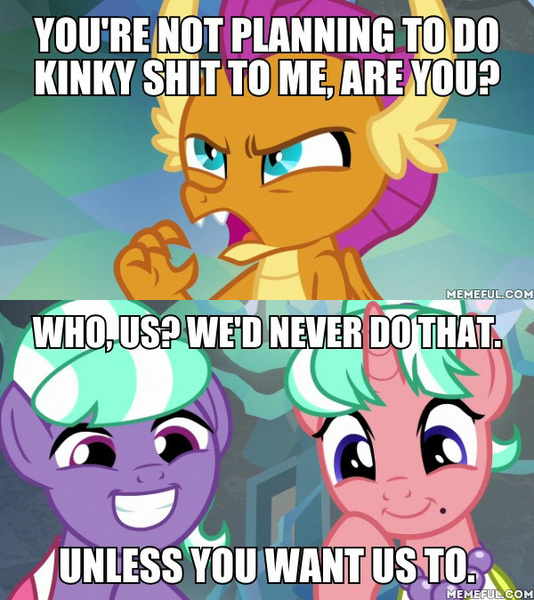 Size: 600x674 | Tagged: caption, derpibooru import, edit, edited screencap, image macro, screencap, smolder, stepford ponies, suggestive, text, vulgar, what lies beneath