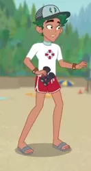Size: 242x455 | Tagged: safe, derpibooru import, screencap, timber spruce, equestria girls, equestria girls series, unsolved selfie mysteries, cap, clothes, cropped, feet, hat, legs, lifeguard, lifeguard timber, male, male feet, sandals, shorts, solo