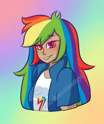 Size: 1265x1506 | Tagged: artist:mocaangel, bust, colored pupils, derpibooru import, female, human, humanized, looking at you, rainbow dash, safe, solo