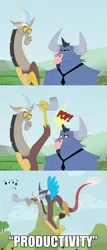 Size: 500x1172 | Tagged: artist:tarajenkins, ask, cartoon physics, comic, derpibooru import, detachable horn, discord, discord being discord, discorderlyconduct, draconequus, duo, horn, i have done nothing productive all day, iron will, minotaur, modular, music notes, pop, safe, tumblr
